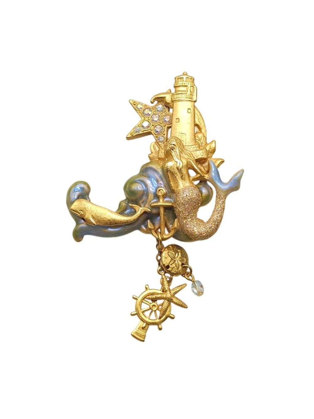 Vintage Kirks Folly Gold Tone Mermaid Lighthouse Brooch With Enamel Rhinestones